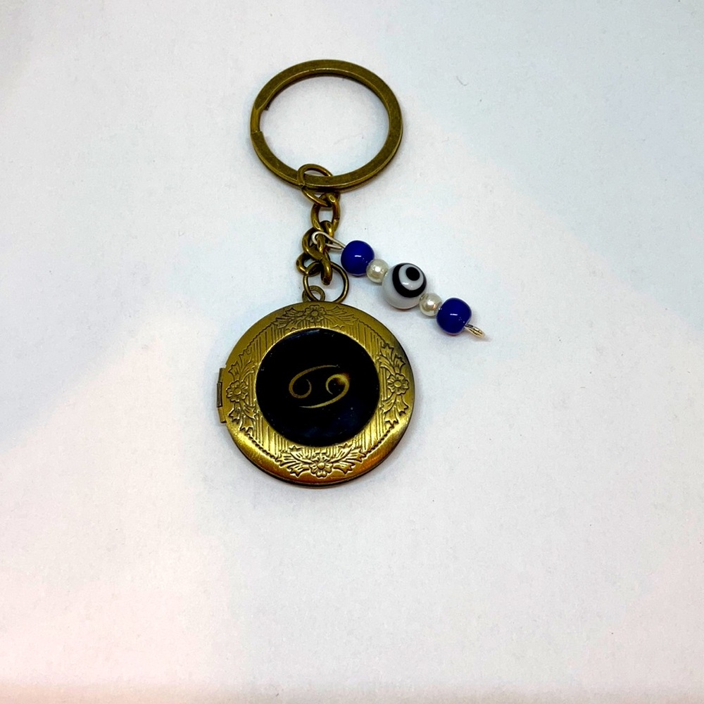 Zodiac Cancer Locket Keychain: Nurturing Energy w/ Greek Key & Evil Eye Charm